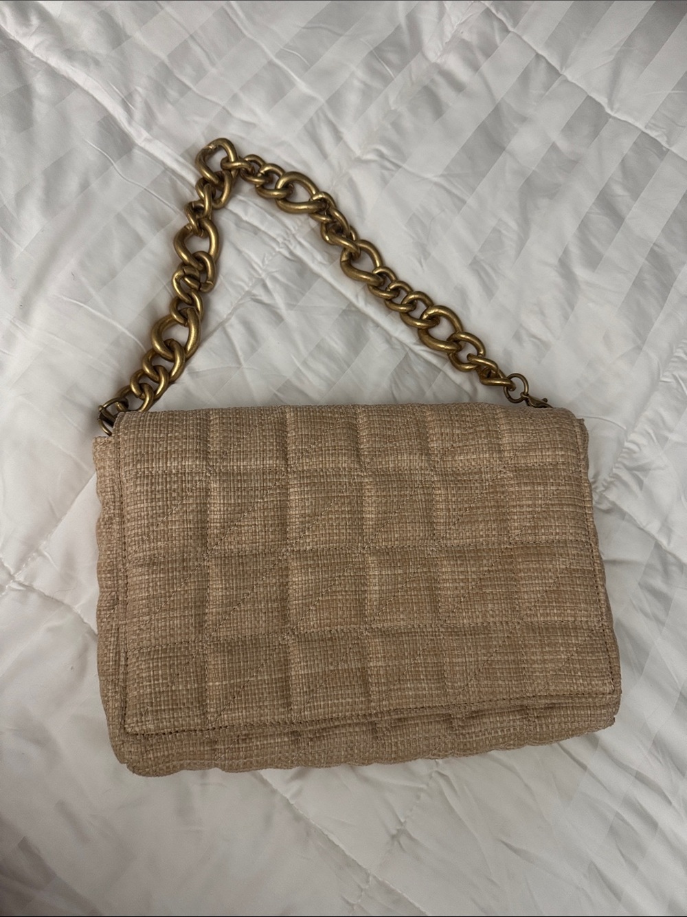 Zara Quilted Straw Shoulder Bag with Gold Chain Strap -